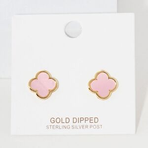 Pink Dipped Quatrefoil Stud Earrings 0.4" Casual Clover Jewelry